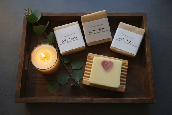 Rustieke houten dienblad met Baby Tallow zeep en kaars