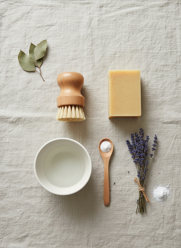 Zeepborstel en schoonmaakzeep flat lay
